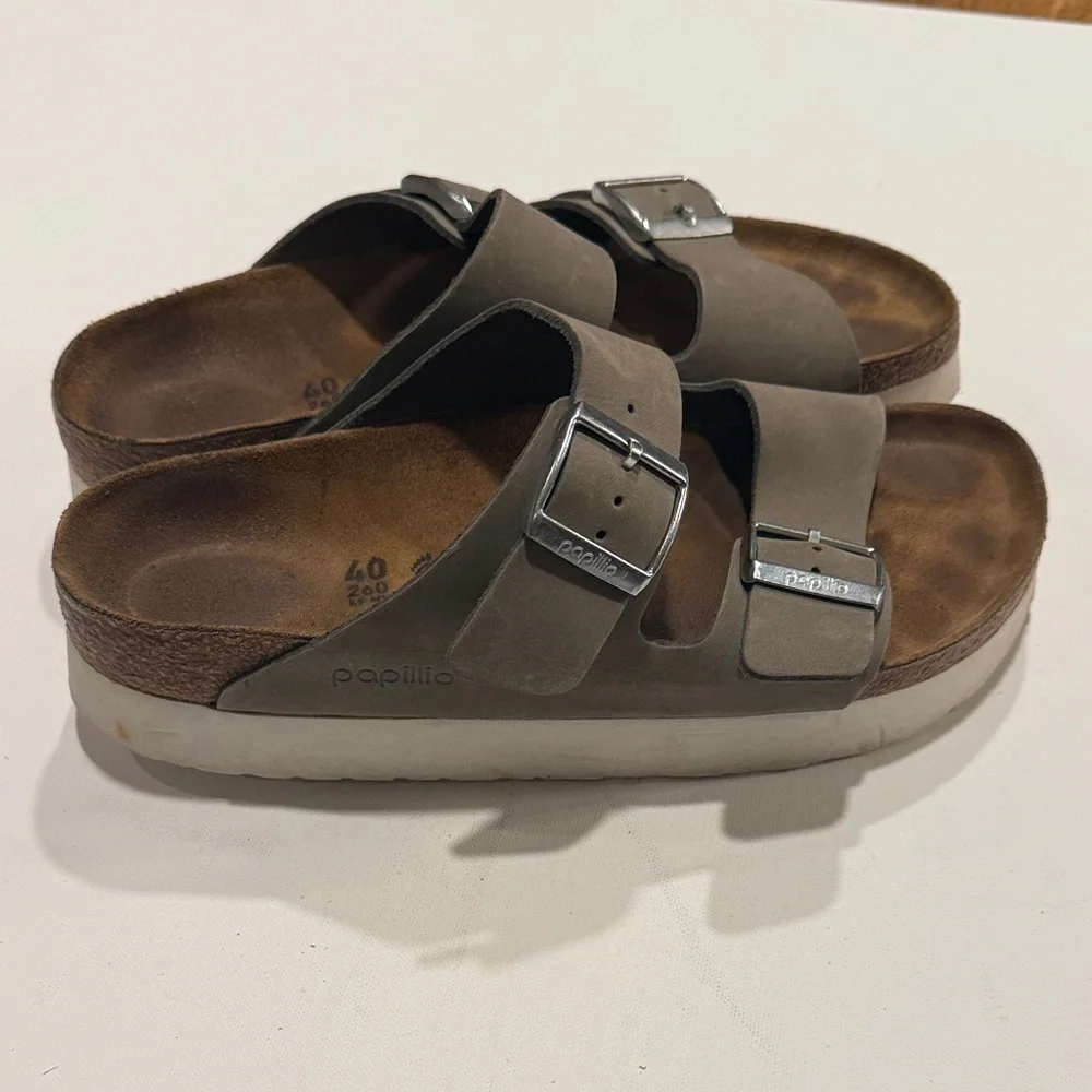 Papillio Taupe Double Strap Sandals with Silver Buckles